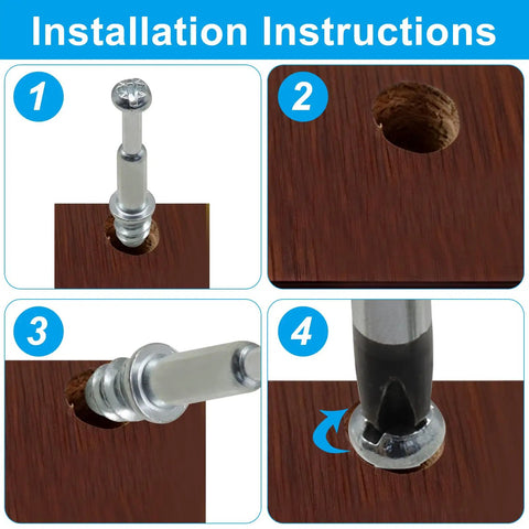 Step-by-step installation guide for 10 Pack M6 X 35mm Cam Bolts For Furniture Assembly Heavy Duty Iron Connectors With Galvanized Finish