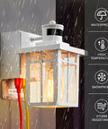 Porch Light With Built In GFCI Outlet And Dusk To Dawn Motion Sensor, Waterproof Exterior Lamp showing in rain with outlet cords