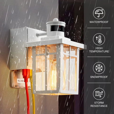 Porch Light With Built In GFCI Outlet And Dusk To Dawn Motion Sensor, Waterproof Exterior Lamp showing in rain with outlet cords