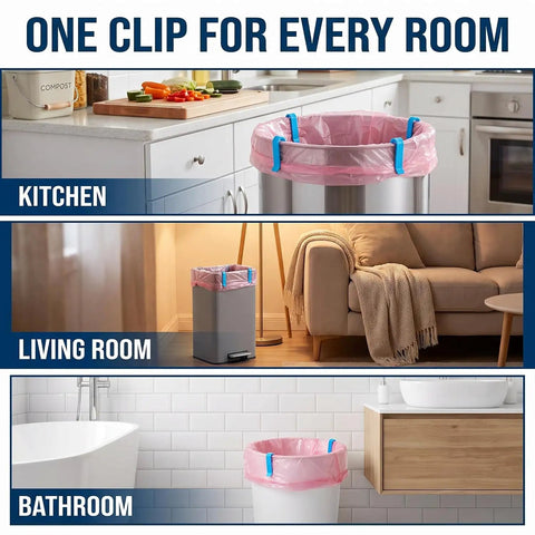 Lock Tight Plastic Garbage Bin Clips With Textured Anti Slip Grip Kick The Slipping Habit And Keep Kitchens Fresh Secure Trash Bag Holders 10 Pack Quick Setup used in kitchen, living room, and bathroom.
