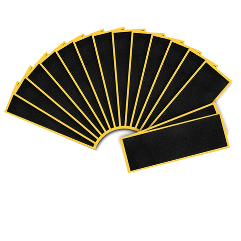 15Pcs Fingerboard Foam Grip Tape Set With Self Adhesive Anti Slip Black 4.33x1.5Inch arranged in a fan shape on white background