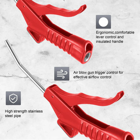Red air nozzle blower gun with pistol grip, showing ergonomic handle and stainless steel pipe for industrial cleaning
