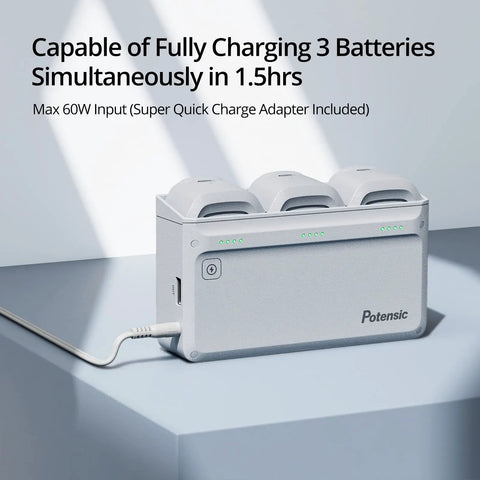 Atom SE Parallel Charging Hub Bundle With Fast Charge Batteries For The Drone, showing three batteries charging