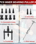 Black metal 12-piece motorcycle inner bearing puller set with 8 collets, 2 drive pins, 1 counterstay and 1 slide hammer