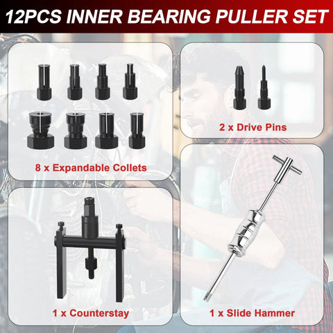 Black metal 12-piece motorcycle inner bearing puller set with 8 collets, 2 drive pins, 1 counterstay and 1 slide hammer