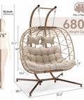 Double Swing Egg Chair With Stand For Two People Indoor Outdoor Oversized Wicker Loveseat Patio Hanging Basket Chair With Cushions