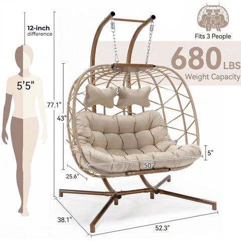 Double Swing Egg Chair With Stand For Two People Indoor Outdoor Oversized Wicker Loveseat Patio Hanging Basket Chair With Cushions