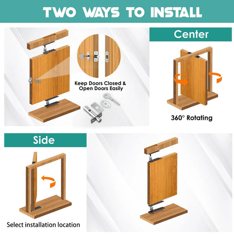 Heavy Duty 360 Degree Hidden Door Pivot Hinges Kit for Secret Doors and Bookcases, installation options shown.