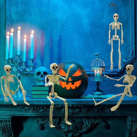 Six 16 Inch Full Body Poseable Skeletons With Movable Joints For Halloween Indoor Outdoor Spooky Decor on a mantle with candles and pumpkin