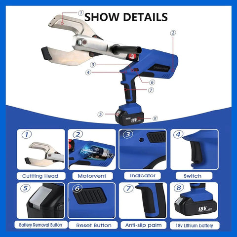 Heavy Duty Battery Powered Electric Hydraulic Cable Cutter With Dual Lithium Batteries showing details and features