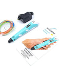 3D Printing Pen With Display And Starter PLA, Stencil Book Plus Project Guide alongside power adapter and PLA filament.