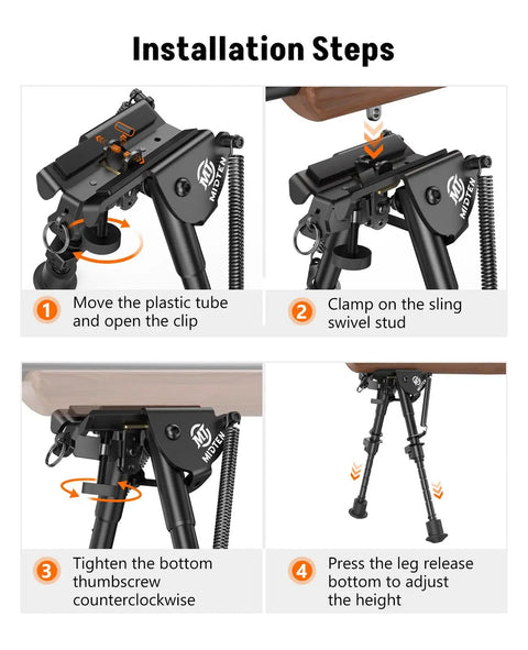 Installation steps for adjustable rifle bipod 6 to 9 inches, lightweight tactical sling stud bipod for hunting and stability.