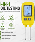 4 In 1 NPK Soil Tester With Real Time Readings, Temperature And LCD Backlit Display showcasing nutrient and temperature readings.