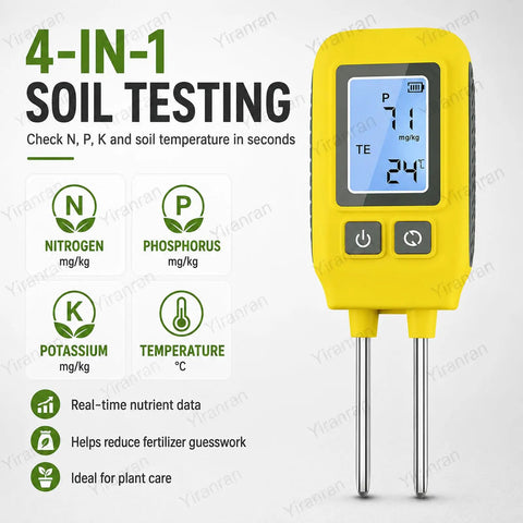 4 In 1 NPK Soil Tester With Real Time Readings, Temperature And LCD Backlit Display showcasing nutrient and temperature readings.