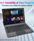 Slick 10.1 Inch Windows 11 Tablet Pc Featuring Intel N5100 Quad Core, 8GB Ram, showing tablet transformed into laptop with keyboard.