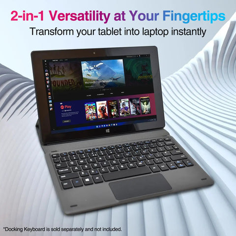 Slick 10.1 Inch Windows 11 Tablet Pc Featuring Intel N5100 Quad Core, 8GB Ram, showing tablet transformed into laptop with keyboard.