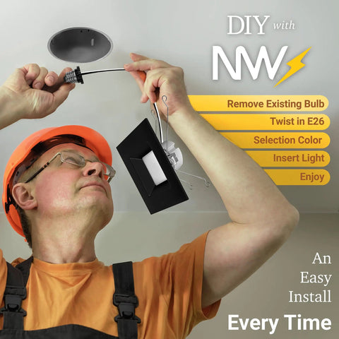 Person installing 4 Pack Black 6 Inch Square LED Can Lights With 5 CCT Selectable 2700K To 5000K, 1100 Lumens, 14W, Dimmable