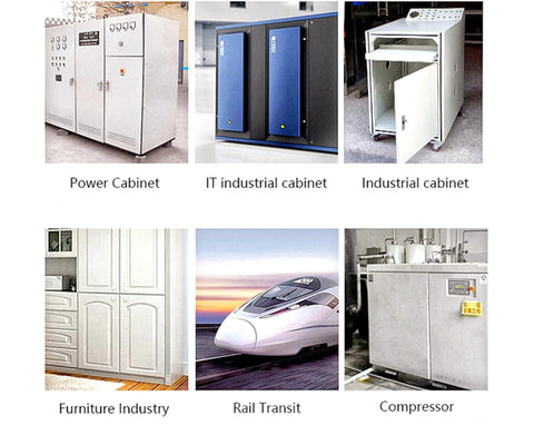 Various industrial and furniture cabinets with applications including power, IT, industrial, furniture, rail transit, and compressor use.