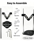 Heavy Duty Adjustable Pipe Rolling Rig With Rock Solid V Frame Base For Smooth Spinning During Cutting Engraving Polishing And Garage Builds Assembly parts laid out with instructions.