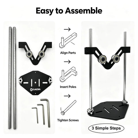 Heavy Duty Adjustable Pipe Rolling Rig With Rock Solid V Frame Base For Smooth Spinning During Cutting Engraving Polishing And Garage Builds Assembly parts laid out with instructions.