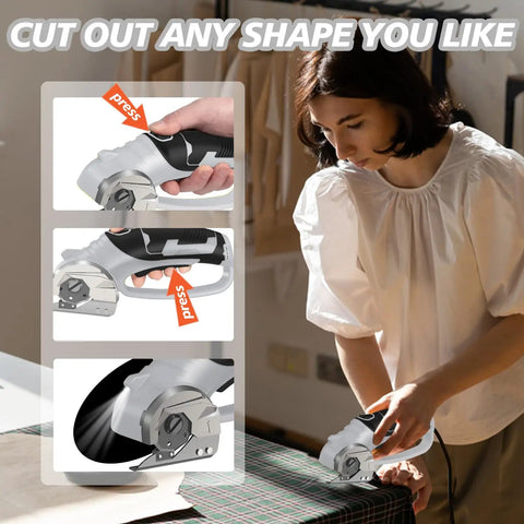 Super Lightweight Cordless Electric Scissors With 4V Battery And LED Light in use on fabric with ergonomic grip.