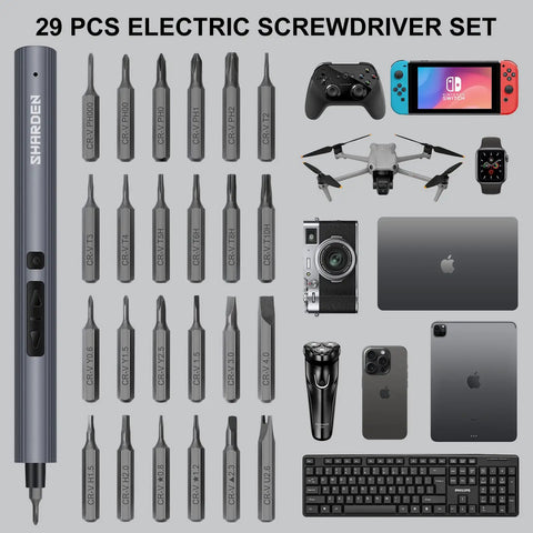 Mini Electric Screwdriver Kit 29 In 1 With 24 Magnetic Bits displayed with electronics for precision repairs
