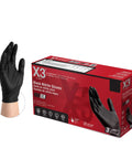 AMMEX X3 Black Nitrile Disposable Gloves, 3 mil, box of 100; glove on hand beside red box.