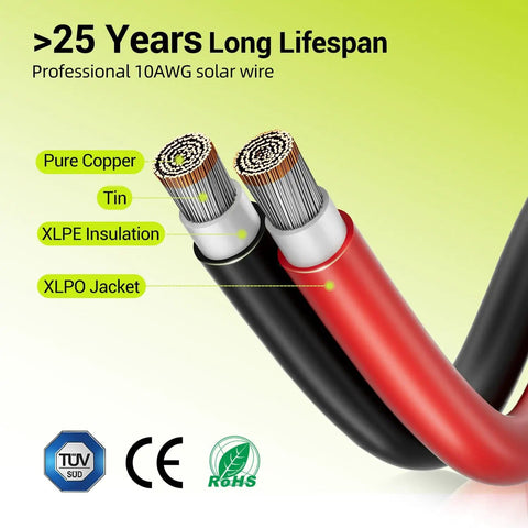 10 AWG Solar Panel Wire 2x50ft 6mm2 Solar Extension Cable Red And Black 84 Strands Tinned Copper PV Wire XLPE Insulated Fire And UV Resistant