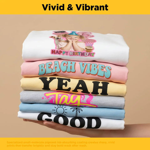 Stack of T-shirts with vibrant designs using Light Fabric Printable Heat Transfer Paper For Inkjet And Laser Printers 10 Sheets 8 By 11 Inches Easy Iron On HTV Transfer Paper For T Shirts Cold Water Washable Crazy Vibrant Colors For Light Fabrics.