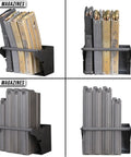 Universal Gun Magazine Storage Wall Mount Rack For AR10 AR15 AK47 SKS M4 And Pistol Magazines, side and front views.