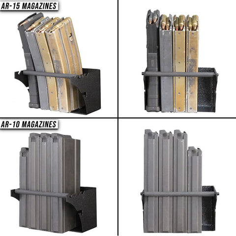Universal Gun Magazine Storage Wall Mount Rack For AR10 AR15 AK47 SKS M4 And Pistol Magazines, side and front views.