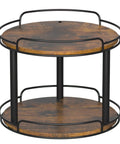 Two-tier wooden lazy Susan turntable with black metal frame and circular rails