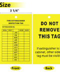Top Shelf 50 Pack Fire Extinguisher Inspection Tags With Four Year Monthly Record Log, yellow 3.25x5 inch inspection tag front and back view.