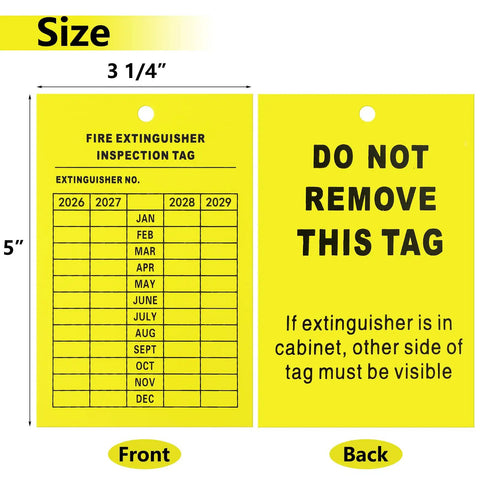 Top Shelf 50 Pack Fire Extinguisher Inspection Tags With Four Year Monthly Record Log, yellow 3.25x5 inch inspection tag front and back view.