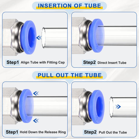4-step guide to connect and disconnect using 2 Pack Push To Connect Fittings For Air Line 1/2 Inch NPT Male Straight Nickel Plated Brass