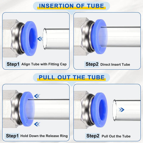 Diagram showing insertion and removal steps for 10 Pcs Push To Connect Fittings Set, Brass Straight Pneumatic Male Adapters, Blue