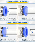 Two Pack Push To Connect Fittings One Eighth Inch NPT Male 0.16 Inch Tube OD Nickel Plated Brass Straight Pneumatic Adapters Quick Connect Air Line Fittings For Factory Pneumatic Systems Blue showing tube insertion and removal steps