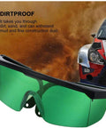 Green Laser Safety Glasses 2 Pack For UV And Infrared Protection With Adjustable Frames, shown beside a dusty car race scene.