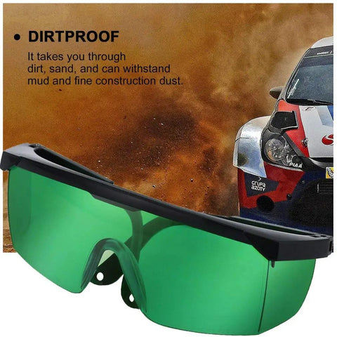 Green Laser Safety Glasses 2 Pack For UV And Infrared Protection With Adjustable Frames, shown beside a dusty car race scene.