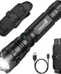 1000 Lumen Tactical Flashlight With Duty Belt Holster shown with charging cable and holster, WF-501BX model.
