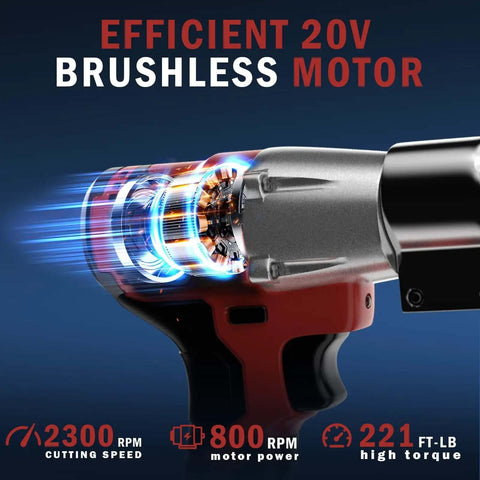 Close-up of cordless metal shear tool with efficient 20V brushless motor, highlighting 2300 RPM cutting speed and 221 ft-lbs torque.