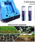 Back of 7 In 1 Rapid Soil Tester Kit showing battery compartment, AAA batteries, and usage scenarios for garden and potted plants.