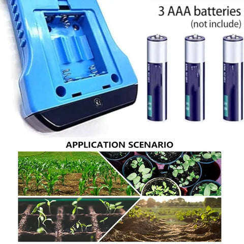 Back of 7 In 1 Rapid Soil Tester Kit showing battery compartment, AAA batteries, and usage scenarios for garden and potted plants.