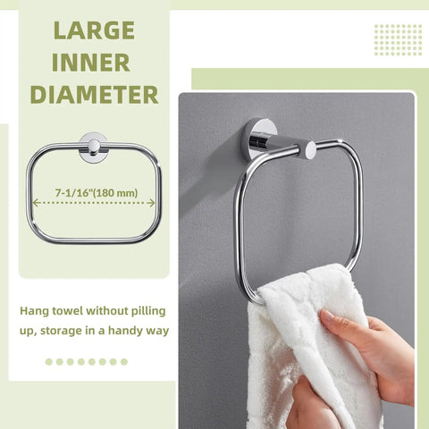 Slick Premium Chrome Square Hand Towel Ring For Bathroom Sink Wall Mounted Heavy Duty Rust Resistant Quick Dry Space Saver Solid Bracket Tight Pro Style with a towel.