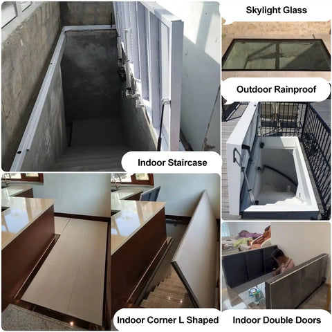 Top Shelf Heavy Duty Hidden Floor Access Panel in indoor staircase entrance, showing recessed crawl space for easy access.