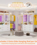 White Modular Closet System, Set Of 4 With 12 Drawers And 8 Rods, top view of organized closet with hanging clothes and extra rods