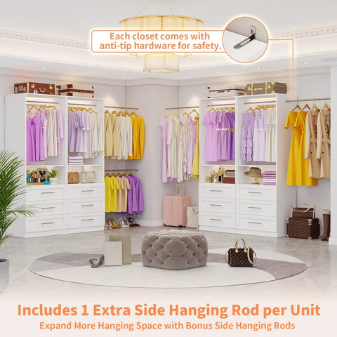 White Modular Closet System, Set Of 4 With 12 Drawers And 8 Rods, top view of organized closet with hanging clothes and extra rods