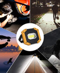 Rechargeable COB LED Work Light Set Of 2 With 30W 2000LM Portable, cordless, shown for car repair, camping, and nighttime use.
