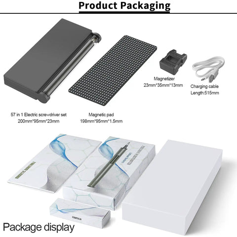 Compact Mini Electric Screwdriver Kit With 55 Bits, LED Light, Magnetic Tray, packaging displayed with components