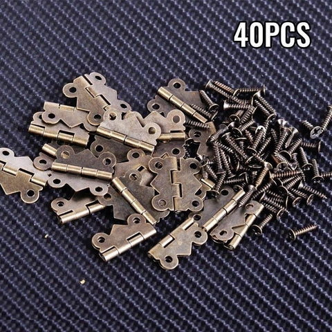 40 Pieces Antique Bronze Butterfly Hinges For Tiny Jewelry Boxes, Dollhouse Cabinets, And Miniature Woodworking Projects, 20 By 17 Mm Iron Hinges With Rust Resistant Plating And Included Screws shown with screws on textured surface.
